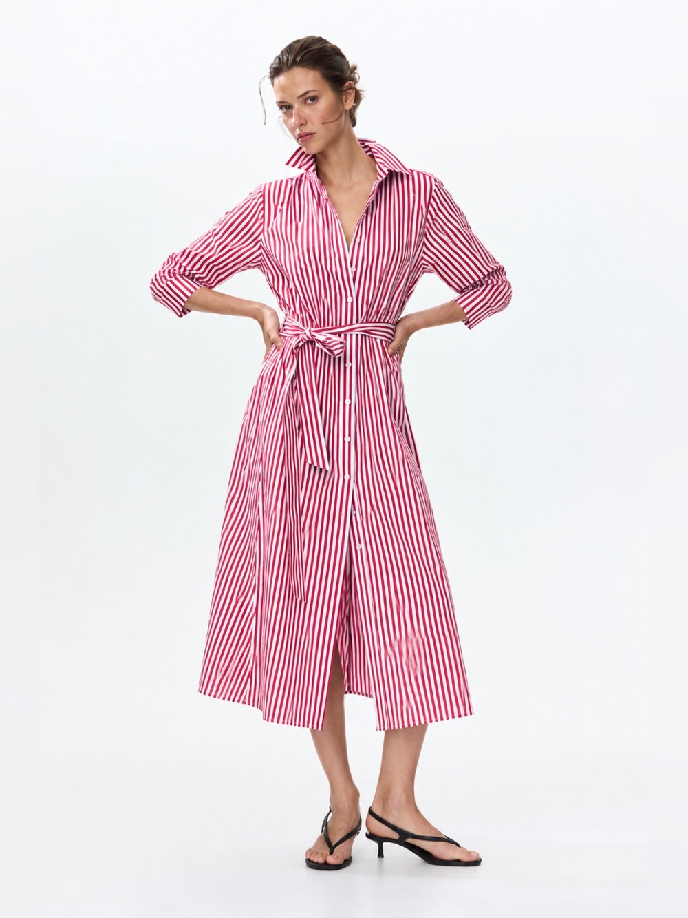 H&M Red & White Stripe Shirt Dress Tie Waist Cotton Midi Size 4